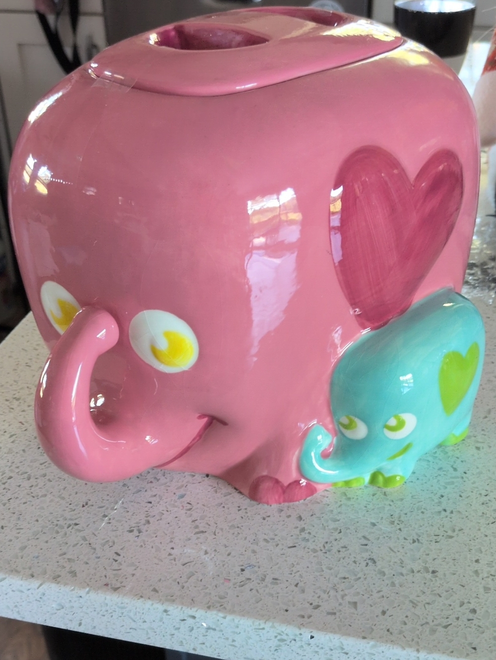 Cute Pink Elephant Ceramic with Teal Baby Accent Cookie Jar So Cute